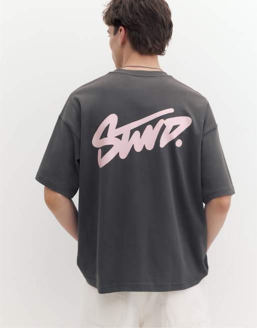 Pull&Bear - T-shirt oversize squadrata grigia con logo Stwd, 7 di 7