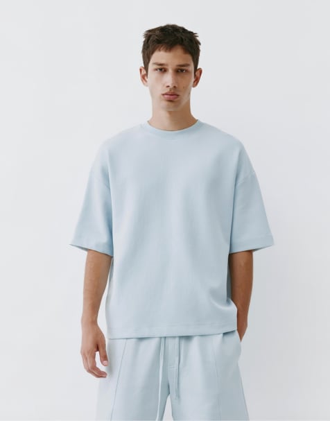 Pull&Bear - T-shirt pesante a maniche corte in tessuto interlock azzurro cielo - view 1