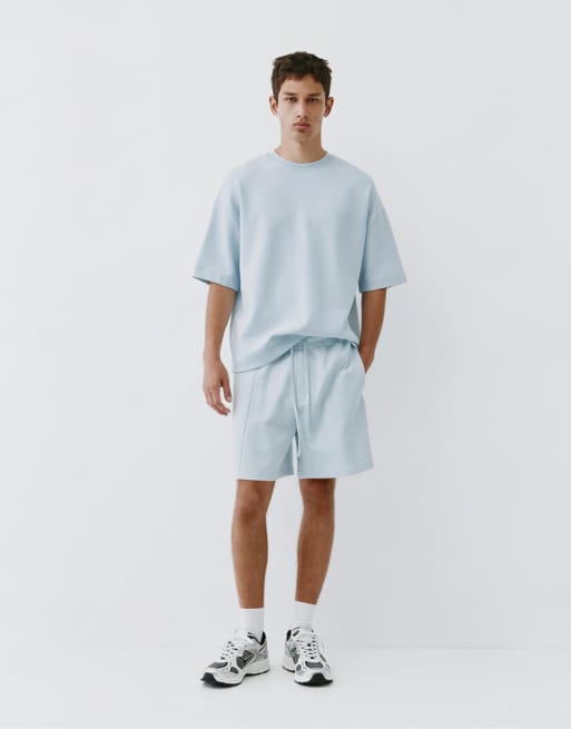 Pull&Bear - T-shirt pesante a maniche corte in tessuto interlock azzurro cielo, 4 di 6