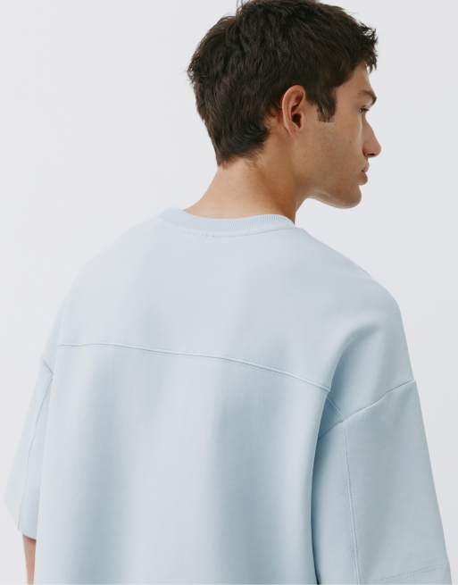 Pull&Bear - T-shirt pesante a maniche corte in tessuto interlock azzurro cielo, 5 di 6