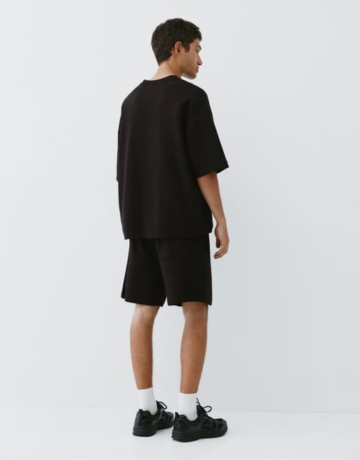 Pull&Bear - T-shirt pesante in tessuto interlock nero a maniche corte, 2 di 7