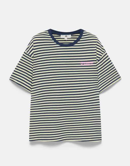 Pull&Bear - T-shirt rayé à imprimé texte - Bleu marine, 6 de 7