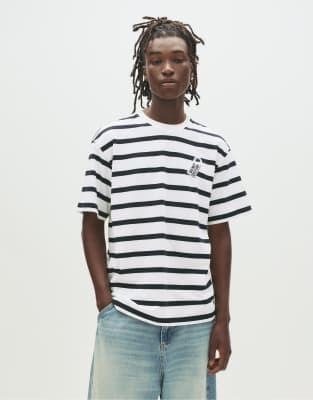 Pull & Bear - T-shirt rayé à inscription Do Not Disturb - Blanc cassé