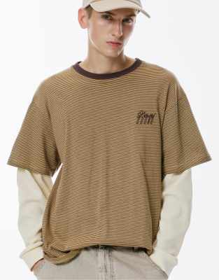 Pull & Bear - T-shirt rayé à manches doubles - Marron-Brown