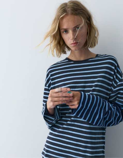 Pull&Bear - T-shirt rayé à manches longues - Bleu - view 1