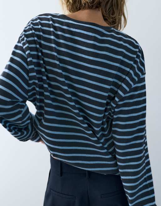 PULL&BEAR CROPPED SHORT SLEEVE - T-shirt basique - blue/bleu