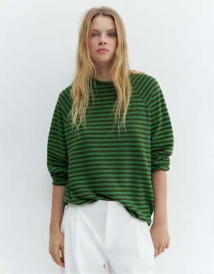Pull & Bear - T-shirt rayé à manches longues - Vert S
