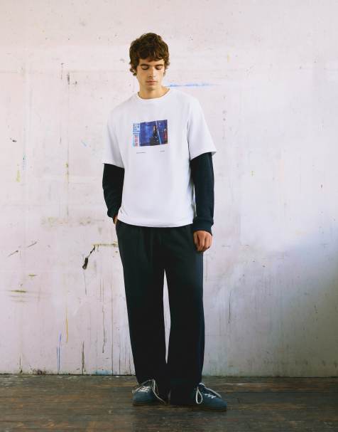 Pull&Bear T-shirt regular fit grafica bianca - view 1
