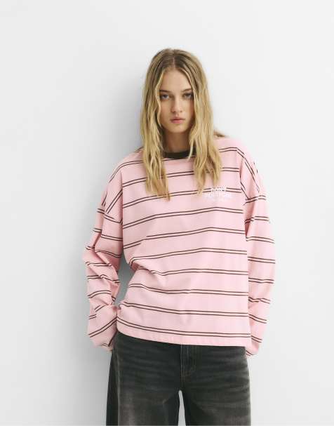Pull&Bear - T-shirt rosa a righe con scritta - view 1