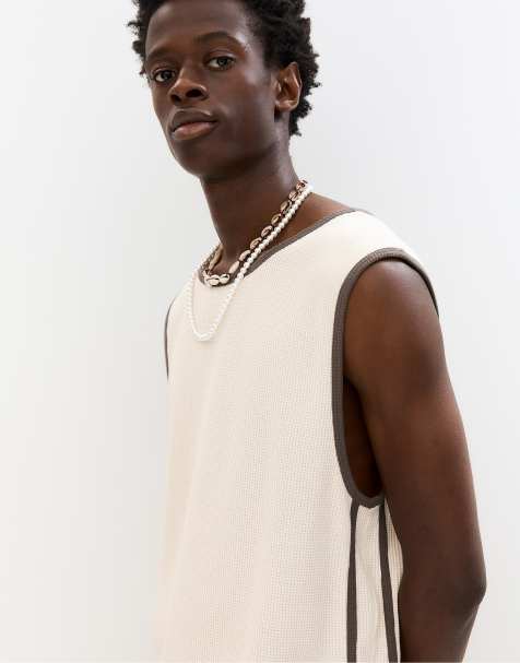 Pull&Bear - T-shirt senza maniche beige in maglia lavorata a nido d'ape - view 1