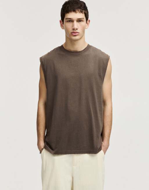 Pull&Bear - T-shirt senza maniche color cioccolato slavato