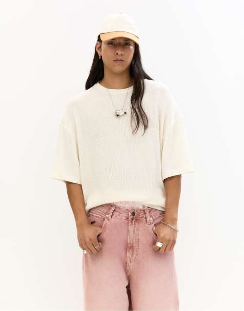 Pull&Bear - T-shirt squadrata a maniche corte in maglia bianco sporco - view 1