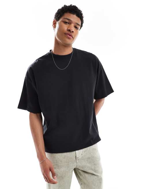 Pull&Bear - T-shirt squadrata nera con bordi grezzi