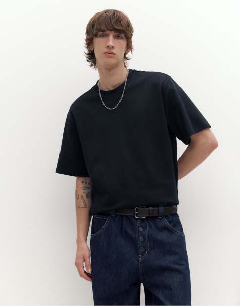 Pull&Bear - T-shirt squadrata nera in tessuto interlock - view 1