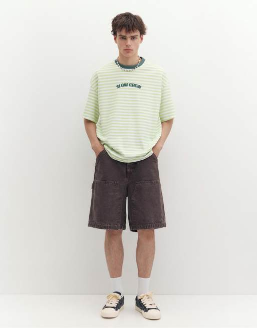 Pull&Bear - T-shirt squadrata verde a righe, 4 di 7
