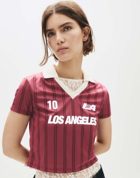 Pull&Bear - T-shirt style football à inscription « Los Angeles » - Bordeaux - view 1