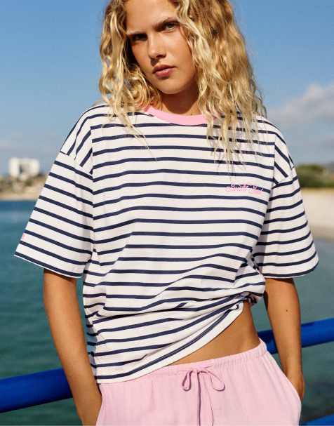 Pull&Bear t-shirt texturé à côtes et à rayures bleu marine - view 1