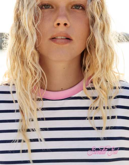 Pull&Bear t-shirt texturé à côtes et à rayures bleu marine, 4 de 7