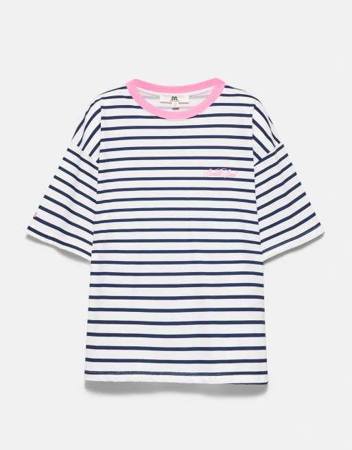 Pull&Bear t-shirt texturé à côtes et à rayures bleu marine, 5 de 7