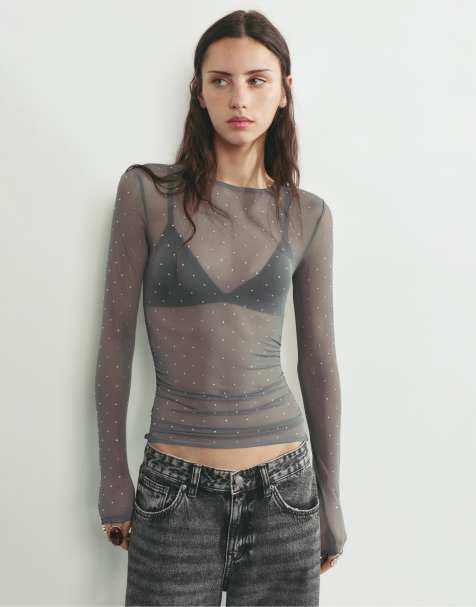 Pull&Bear - T-shirt van tule met strass-steentjes in grijs - view 1