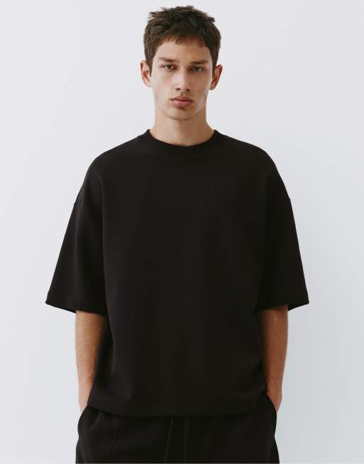 Pull&Bear - T-shirt van zware stof met interlocknaden en korte mouwen in zwart, 5 van 7