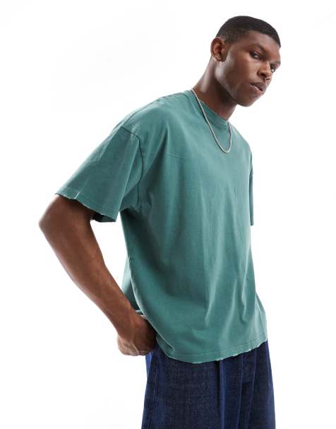 Pull&Bear - T-shirt verde corta squadrata effetto invecchiato - view 1
