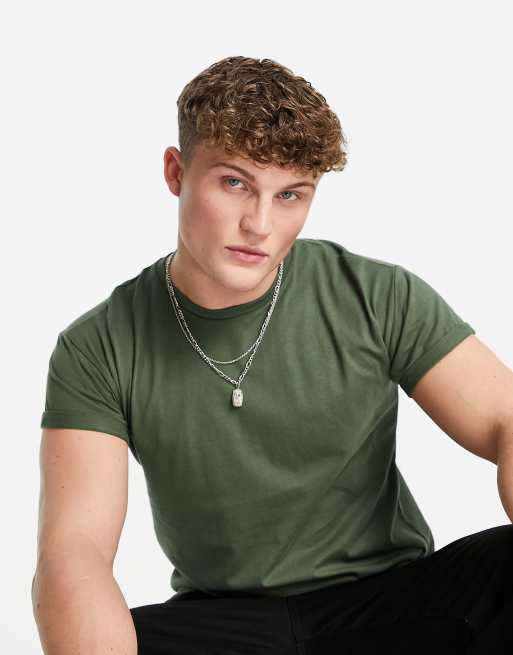 Pull&Bear – T-shirt w kolorze khaki o kroju podkreślającym sylwetkę