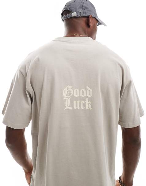 Pull&Bear – T-shirt w kolorze spranego beżu z napisem „Good luck" na plecach - view 1