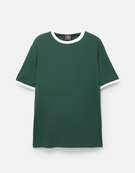 Pull&Bear t-shirt with contrast ribbed trims in green - view 1