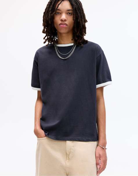 Pull&Bear t-shirt with contrast ribbed trims in navy - view 1