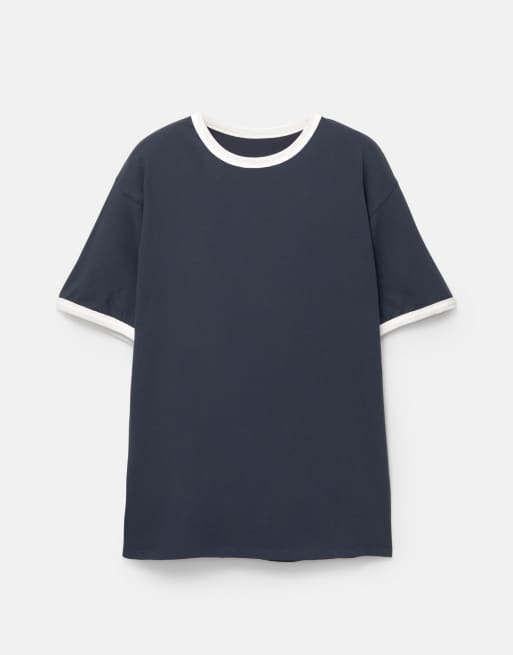Pull&Bear t-shirt with contrast ribbed trims in navy