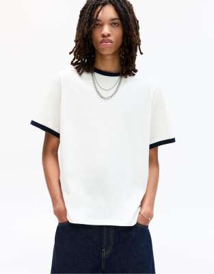 Pull&Bear t-shirt with contrast ribbed trims in white - view 1