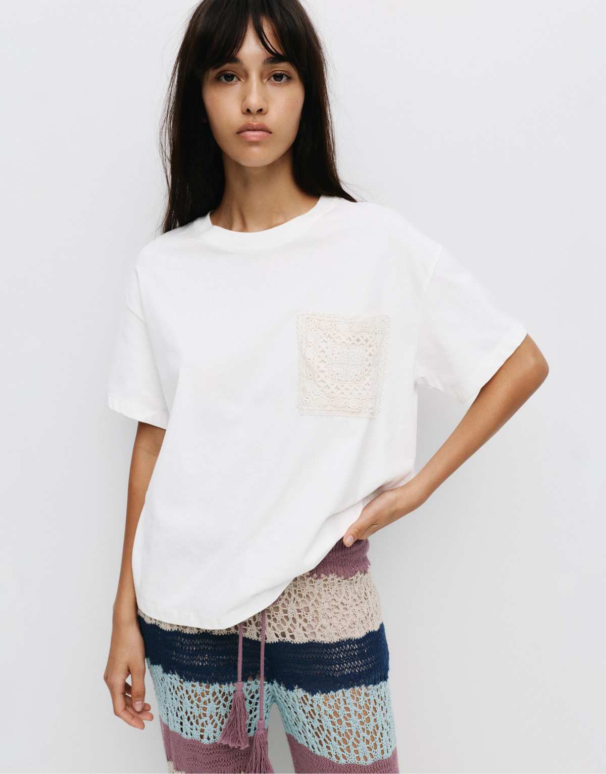 Pull&Bear T-shirt with crochet pocket in ice