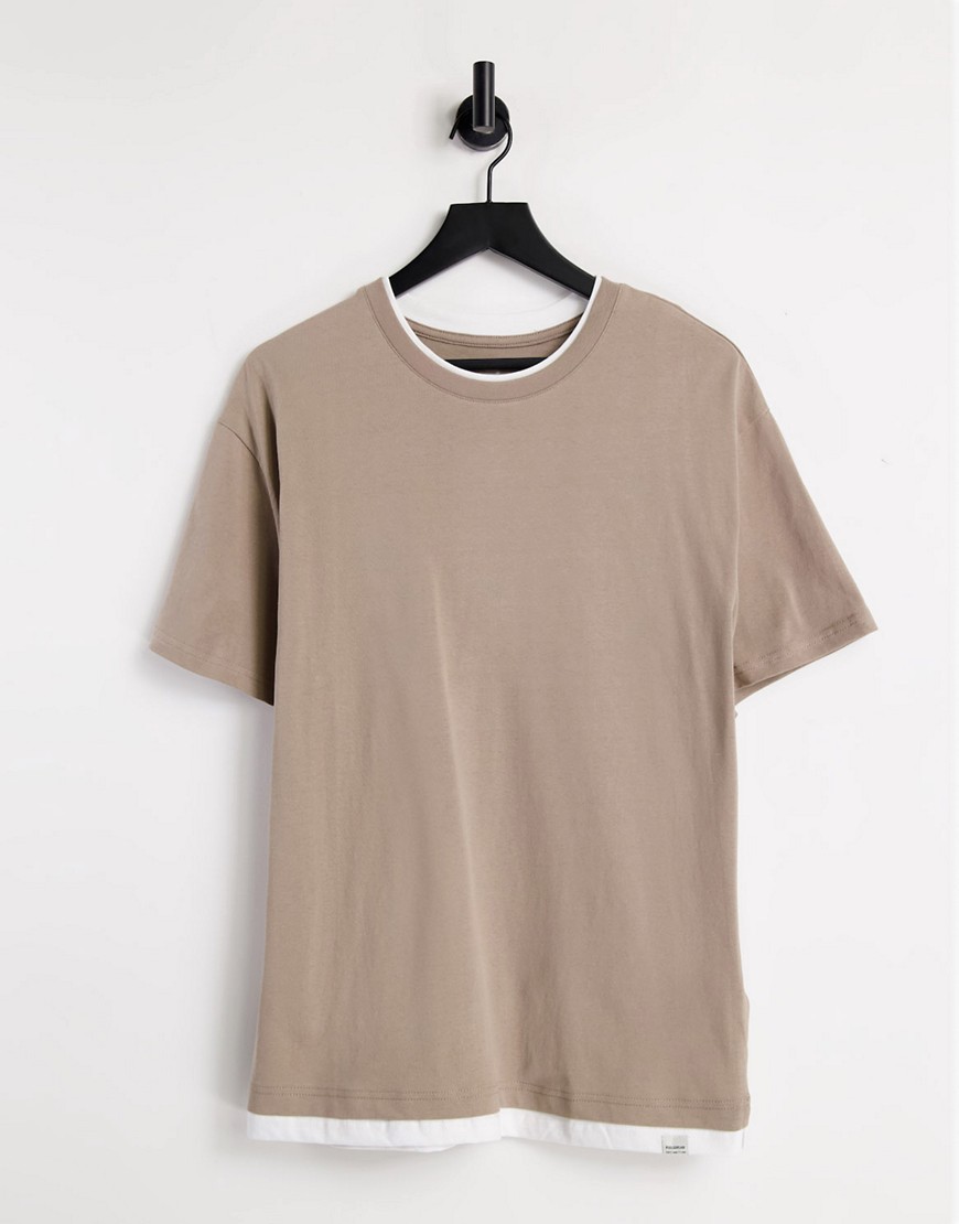 Pull & Bear T-shirt with double neck in beige-Neutral