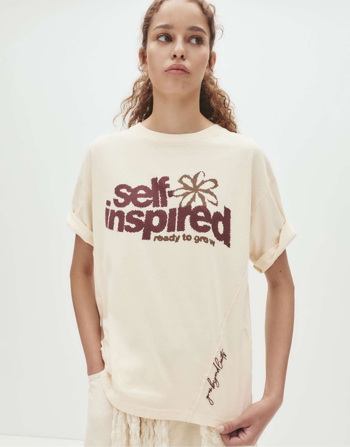 Pull&Bear T-shirt with flower printed graphic in beige