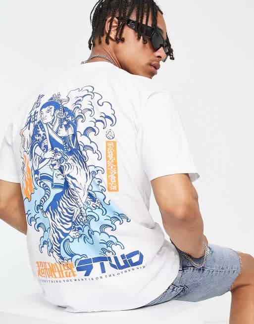 Pull Bear t shirt with japanese tiger back print in white