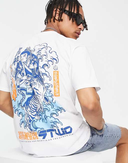 Pull&Bear t-shirt with Japanese tiger back print in white