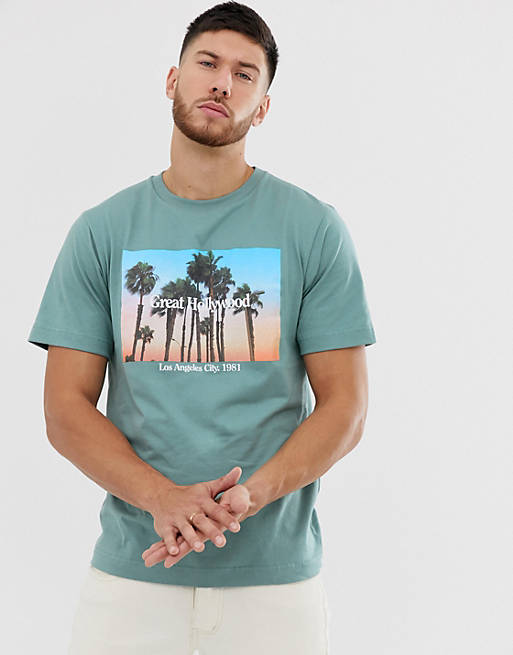 Pull&Bear t-shirt with sunset back print in pastel blue | ASOS