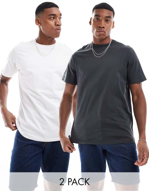 Pull&Bear – T-Shirts in Weiß und Grau im 2er-Pack