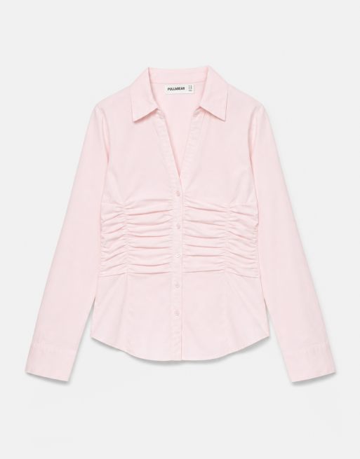 Pull&Bear tailliertes Popeline-Hemd mit Raffungen in Pink, 3 von 5