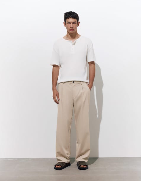 Pull&Bear tailored fit wide leg trousers in beige