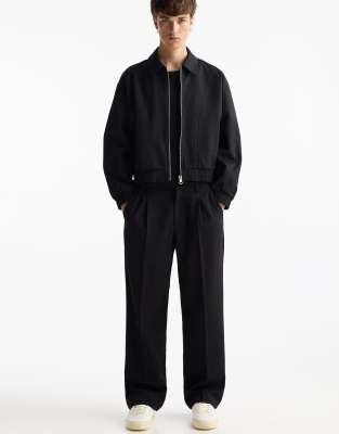 Pull&Bear tailored fit wide leg trousers in black - view 1