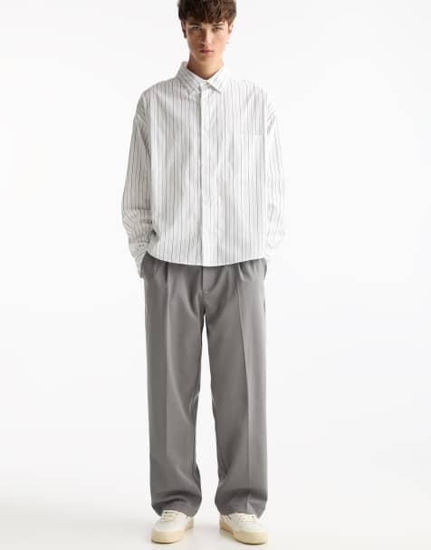 Pull&Bear tailored fit wide leg trousers in grey - view 1
