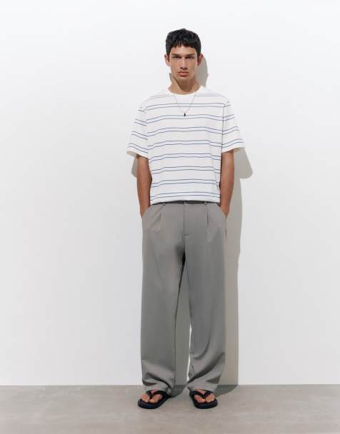 Pull&Bear tailored fit wide leg trousers in grey