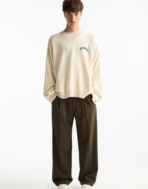 Pull&Bear tailored fit wide leg trousers in khaki - view 1