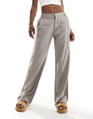 Pull & Bear Tailored Linen Blend Pants In Dark Gray