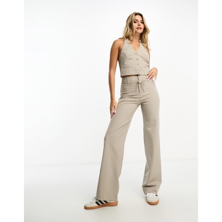 Pull&Bear tailored pants with tie waist detail in stone - part of a set