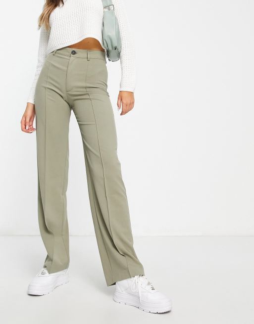 Pull&Bear high waist tailored straight leg trousers with front seam detail  in grey