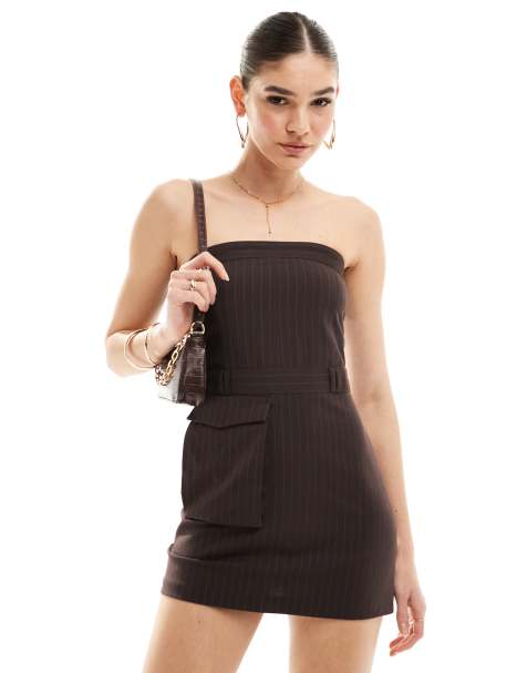 Pull&Bear tailored pinstripe mini dress in brown - view 1