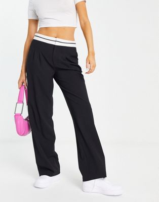 Pull&Bear tailored trouser with reverse waistband in black
